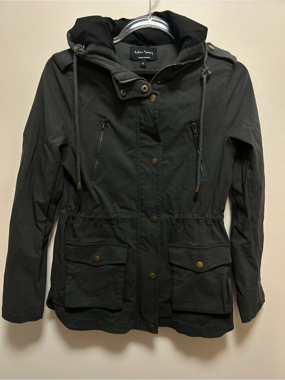 Eden Society Charcoal Gray Utility Normcore Cargo Jacket Small Cinch Waist EUC